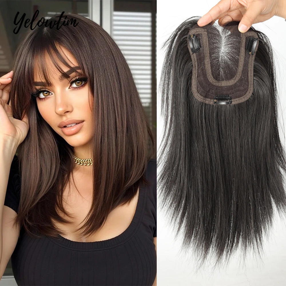 

12-дюймовые натуральные черные, коричневые синтетические волосы, длинные прямые волосы для женщин, 6*10 см, кружевной топпер для волос спереди, LM