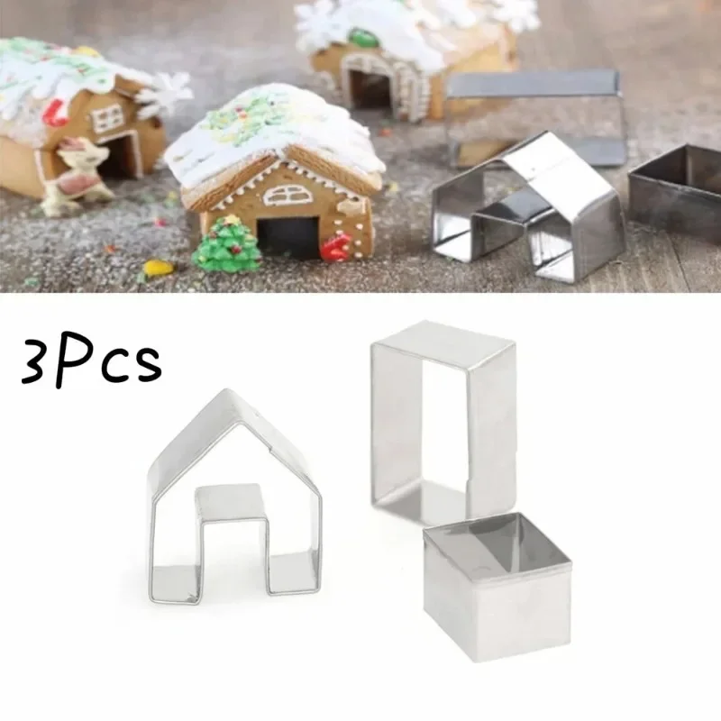 3 Pcs New Christmas Gingerbread House Cookie Stamp Cutter Set Stainless Steel Sandwich Baking Mold Xmas Cookie Making Tool