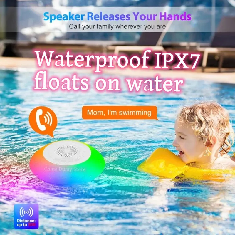 IPX7 Waterproof Shower Speaker Bluetooth Bathroom RGB TWS Bluetooth Speakers Box Built-in Microphone Folat on Water/Pool/Bath