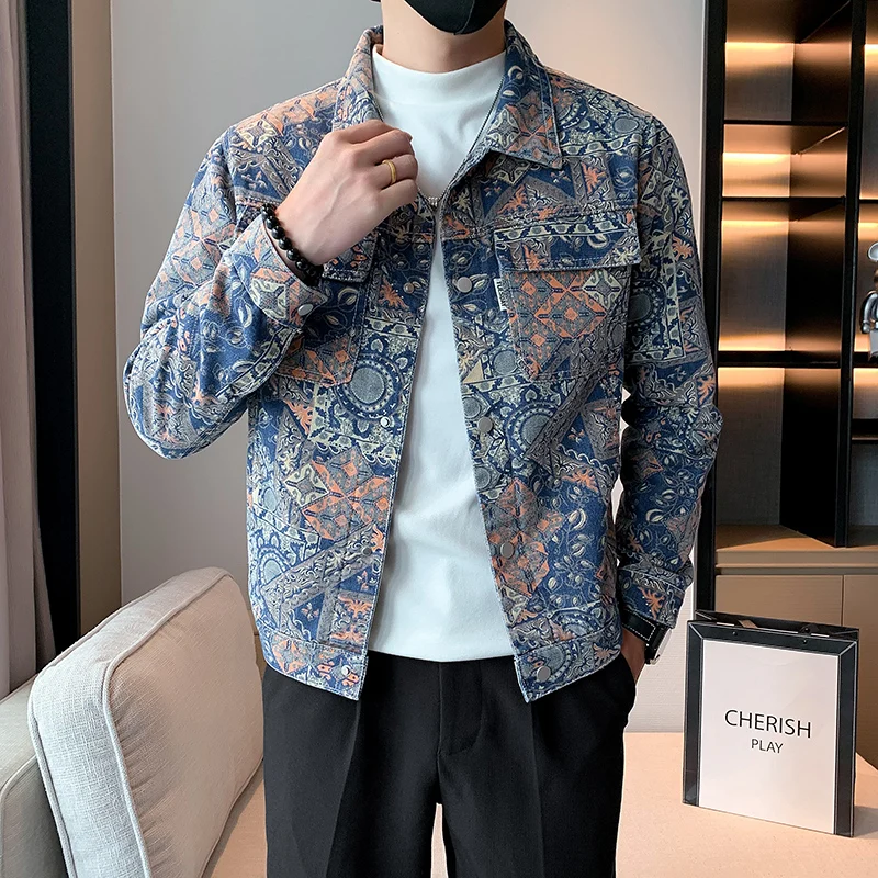 2026 Neue Herren-Jeansjacke mit Ethno-Muster, Lässige Streetwear, Slim Fit Mäntel