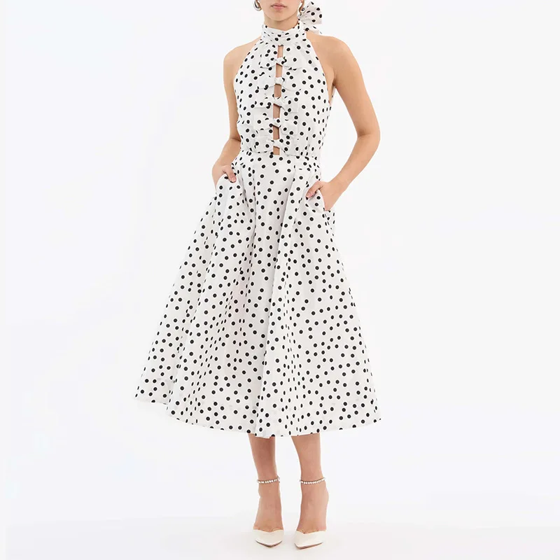 

European and American New High Sense Dress Women2025New High Neck Sleeveless Design Bow Polka Long Dress