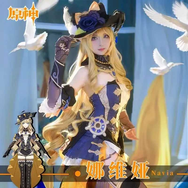 Navia Cosplay Costume Full Set With Hat Wig Genshin Impact Cosplay Fontaine Navia Cosplay Shoes Dress Outfit Uniform