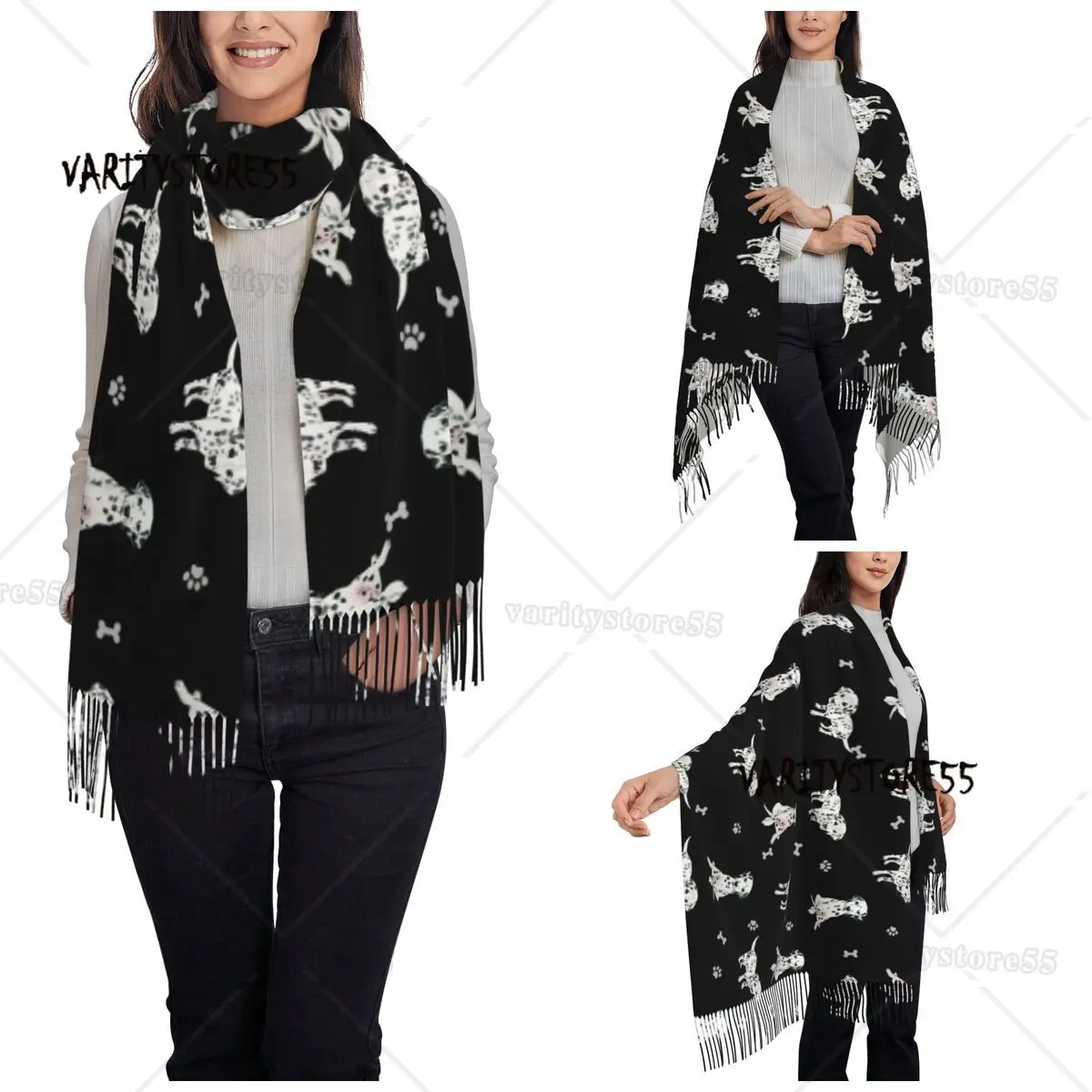 Women's Tassel Scarf Cute Dalmatian Spot Dog Large Winter Fall Shawl and Wrap Skin Texture Cartoon Gifts Pashmina Scarves