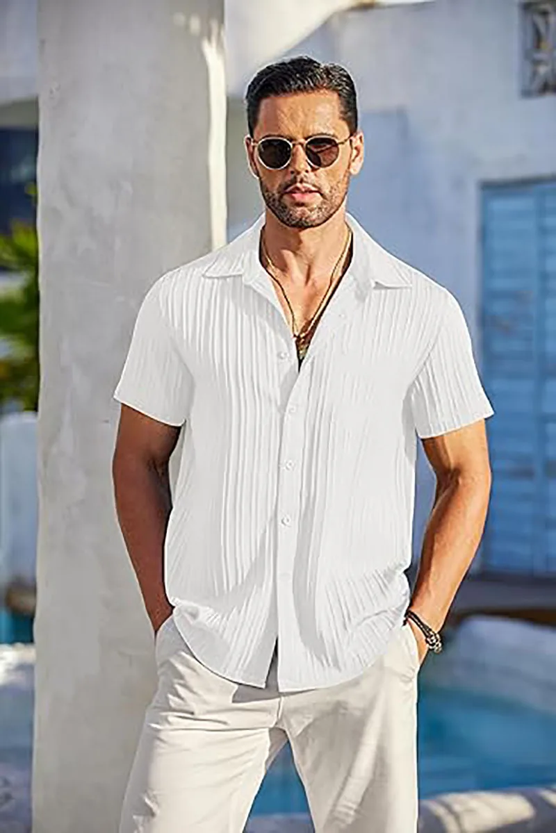 

Summer Fashion Men's Casual Button Down Shirts Short Sleeve Textured Versatile For Any Scene Summer Beach Shirt