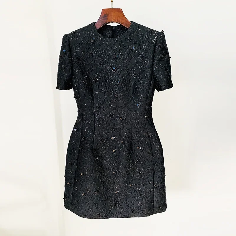 

Fashionable Dress Elegant Jacquard Heavy Industry Beaded Short Sleeved Dress