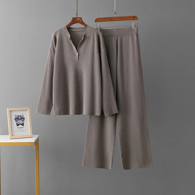Autumn Winter Solid Color Sweater Suit Pit Strip Fashion V-Neck Fashion Sweater Loose Knitted Casual Pants Women Two-piece Sets