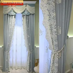 European-Style Embroidered Luxury Blue Curtains for Living Room Bedroom Screen Window Valance Chenille Curtains Customize