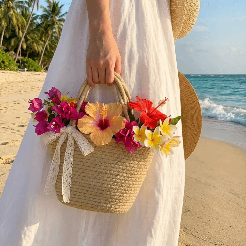 Cotton Thread Woven Cotton Rope Woven Bag Lightweight Boho Storage Basket Bucket Shape Pure Color Handbag Beach Vacation