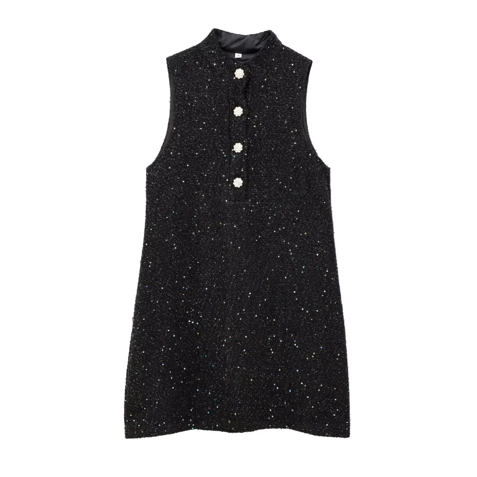 Women's new fashion bead decoration Black casual versatile stand collar mini dress retro sleeveless button up women's dress