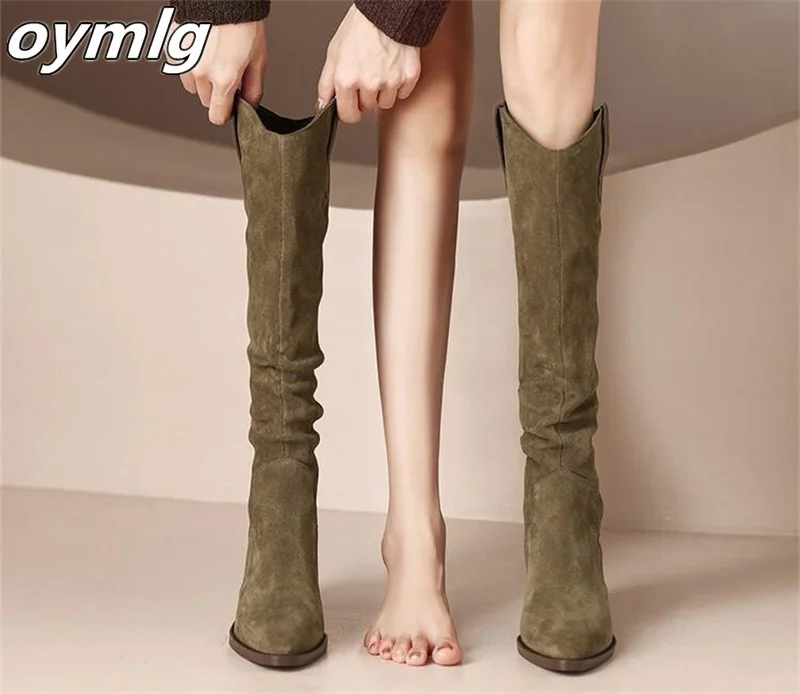 Knight Boots Women\'s 2023 Coarse Heels Autumn/Winter Western Boots High Sleeve Thin Retro Slim Wrinkle Stacked Boots Long Boots