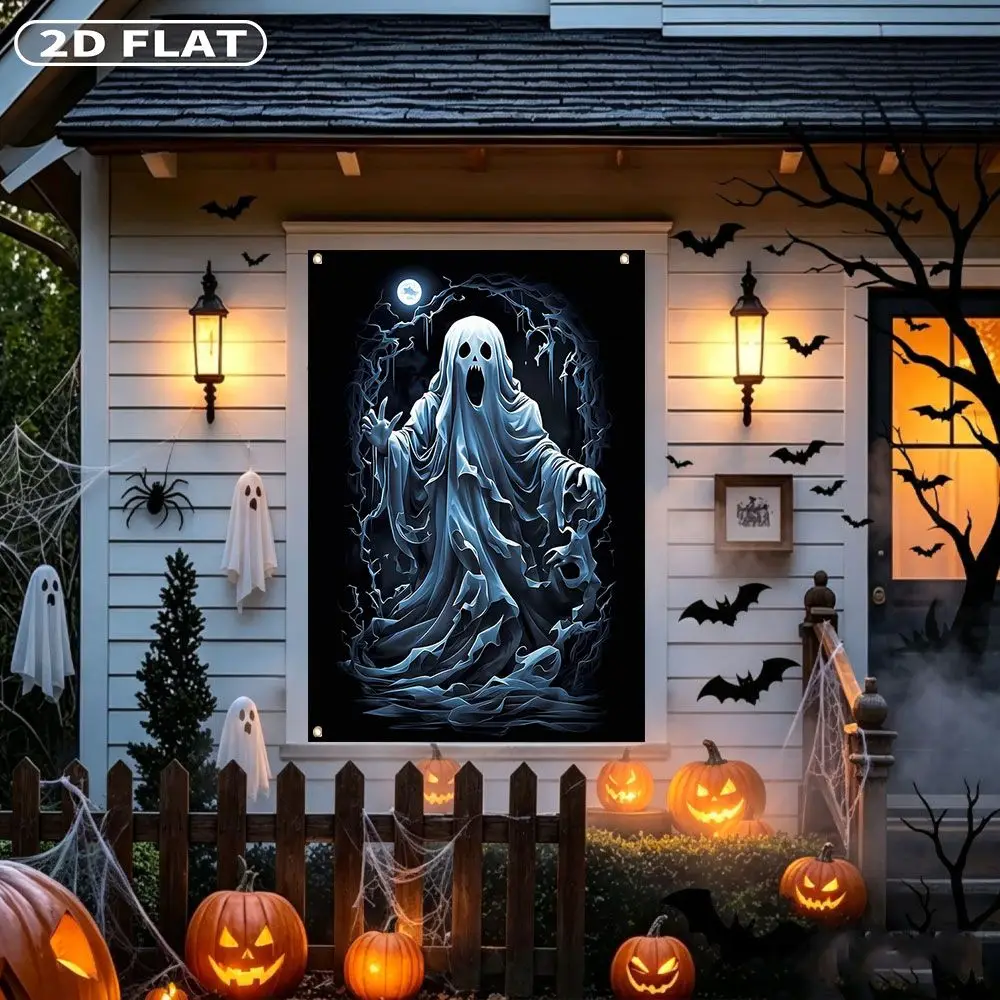 2D FLAT 1pc Party Banner, Halloween Window Cover with Glowing Ghost Under Moonlight On Black Background,122x88cm, Polyester