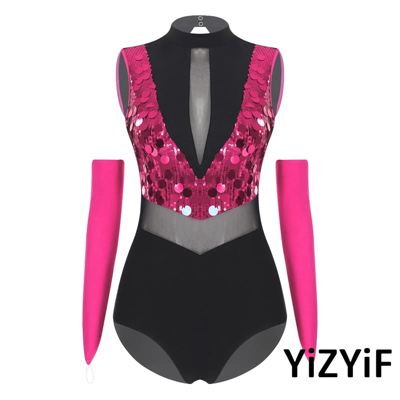 

Lady Jazz Dance Competition Outfit Mock Neck Sleeveless Sheer Mesh Leotard Bodysuit Women Gymnastics Tango Latin Dance Clothing