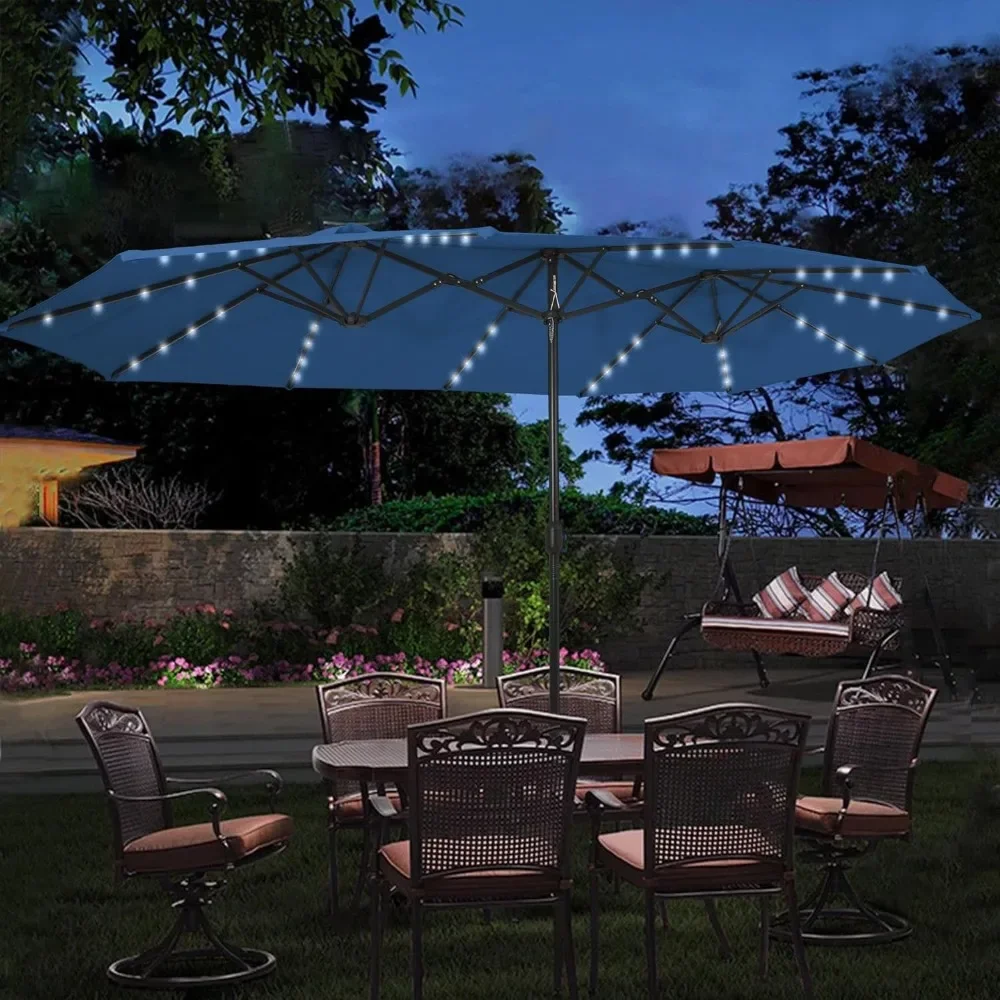 Outdoor 40LED 15 Foot Large Umbrella, Including Base and Cover, Outdoor Double-sided Umbrella with Solar Lights