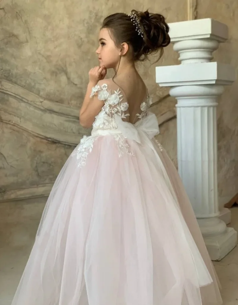 

Light Pink Tulle Sheer Neck Lace Applique Flower Girl Dress Cute Wedding Bridesmaid Birthday Celebration First Communion Dress