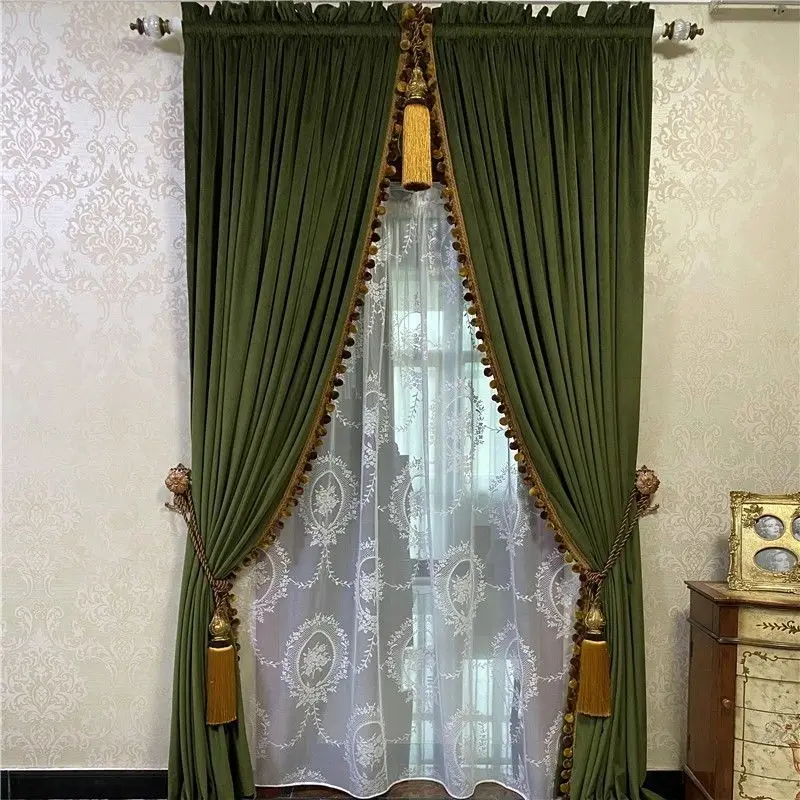 

Custom Gorgeous American retro olive green solid living room thicke velvet cloth blackout curtain tulle drape C1889