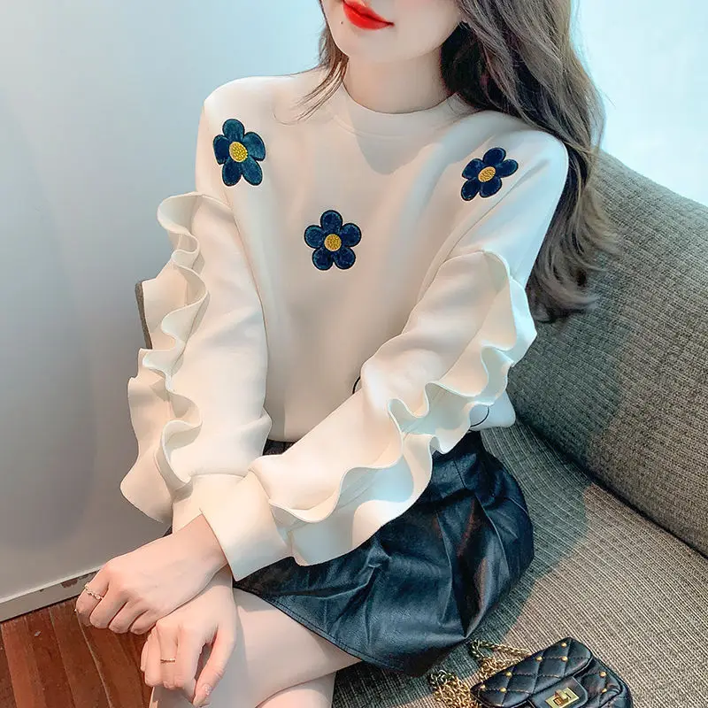 Fashion Korean Ruffles Spliced Round Neck Sweatshirts for Female 2023 Autumn Loose All-match Long Sleeve Tops Women\'s Clothing