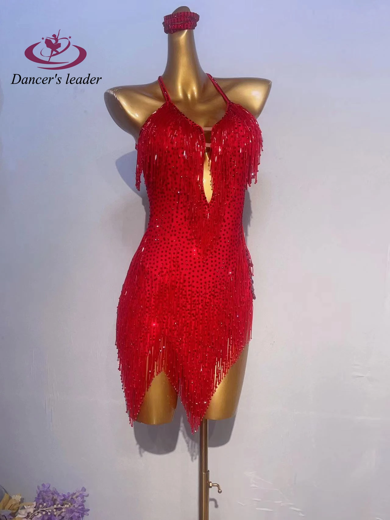 Abbigliamento da donna con diamanti da palcoscenico internazionale di danza latina abito rosso personalizzato di fascia alta abito da prestazione Samba americano