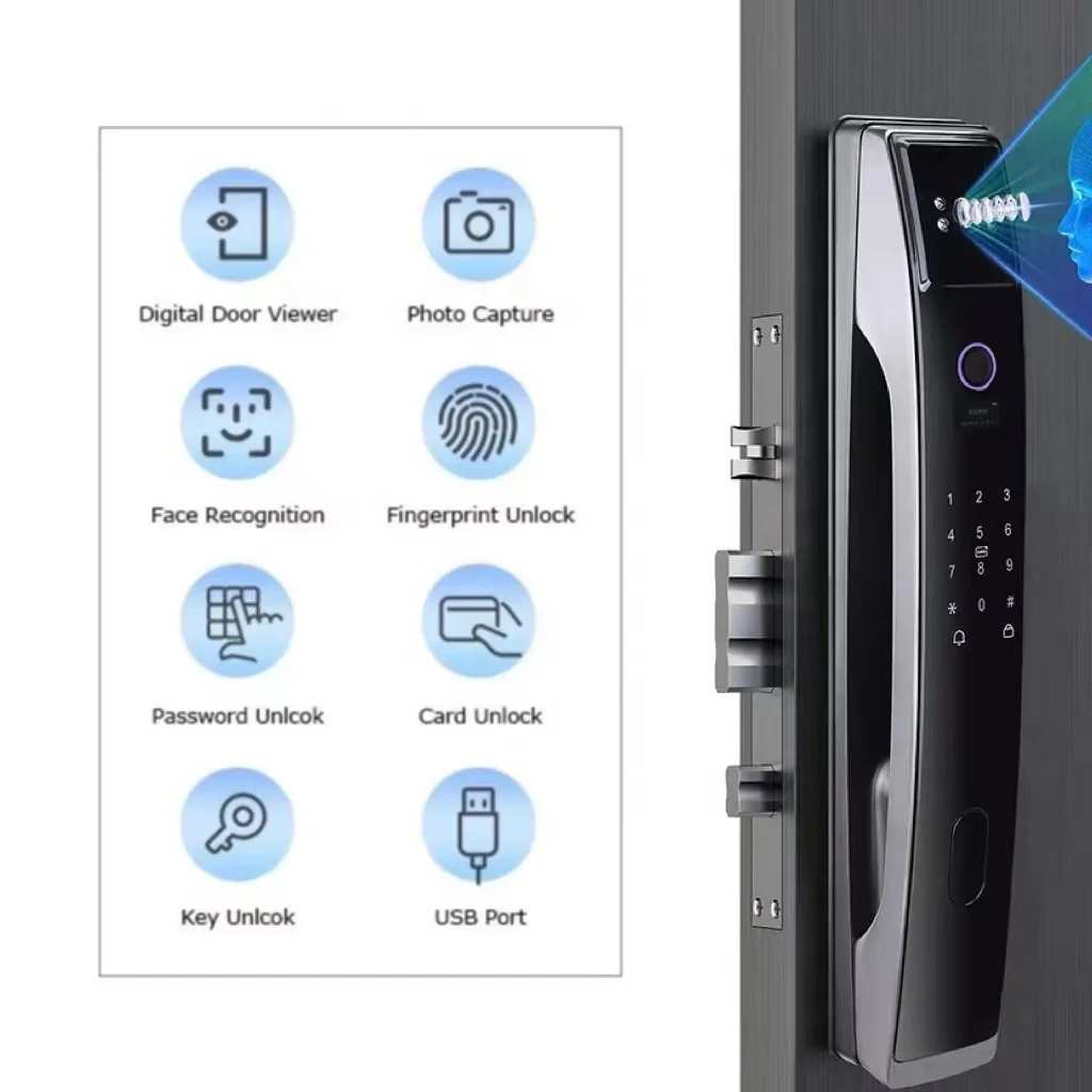 3D Face & Fingerprint Recognition Smart Lock Camera Password Card Key For Aluminum Steel Doors Data Storage Memory Card Cloud