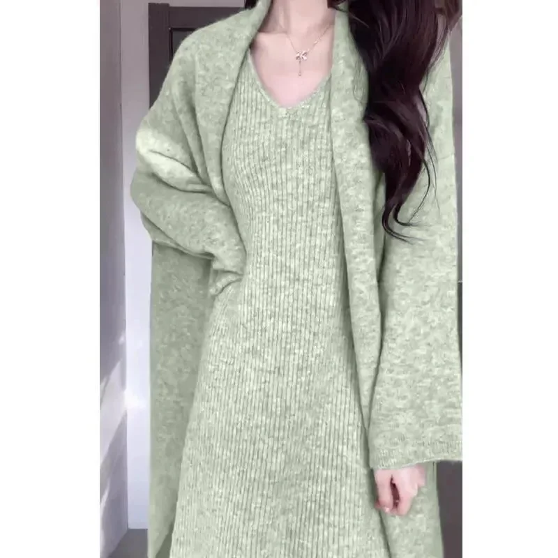 Herbst grün gestrickt Pullover Kleid Set Frauen koreanische Mode Langarm Cardigan Mantel Langarm A-Linie Kleid zweiteilig Set