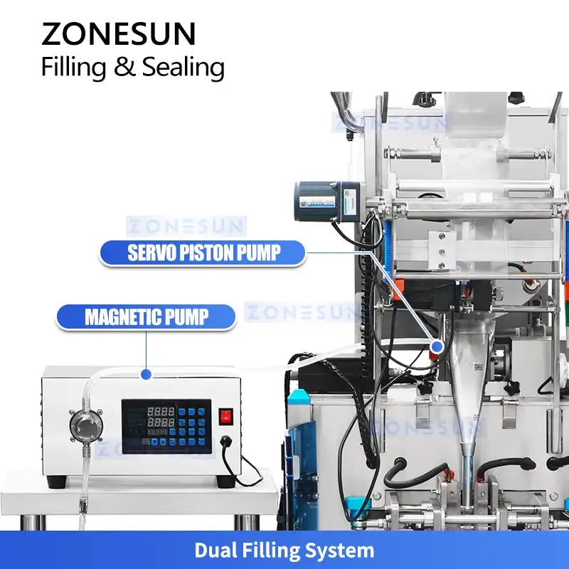 ZONESUN ZS-FS220U Automatic Vertical Liquid Paste Sachet Packing Machine Dual Pump Small Bag Filling Sealing Machine