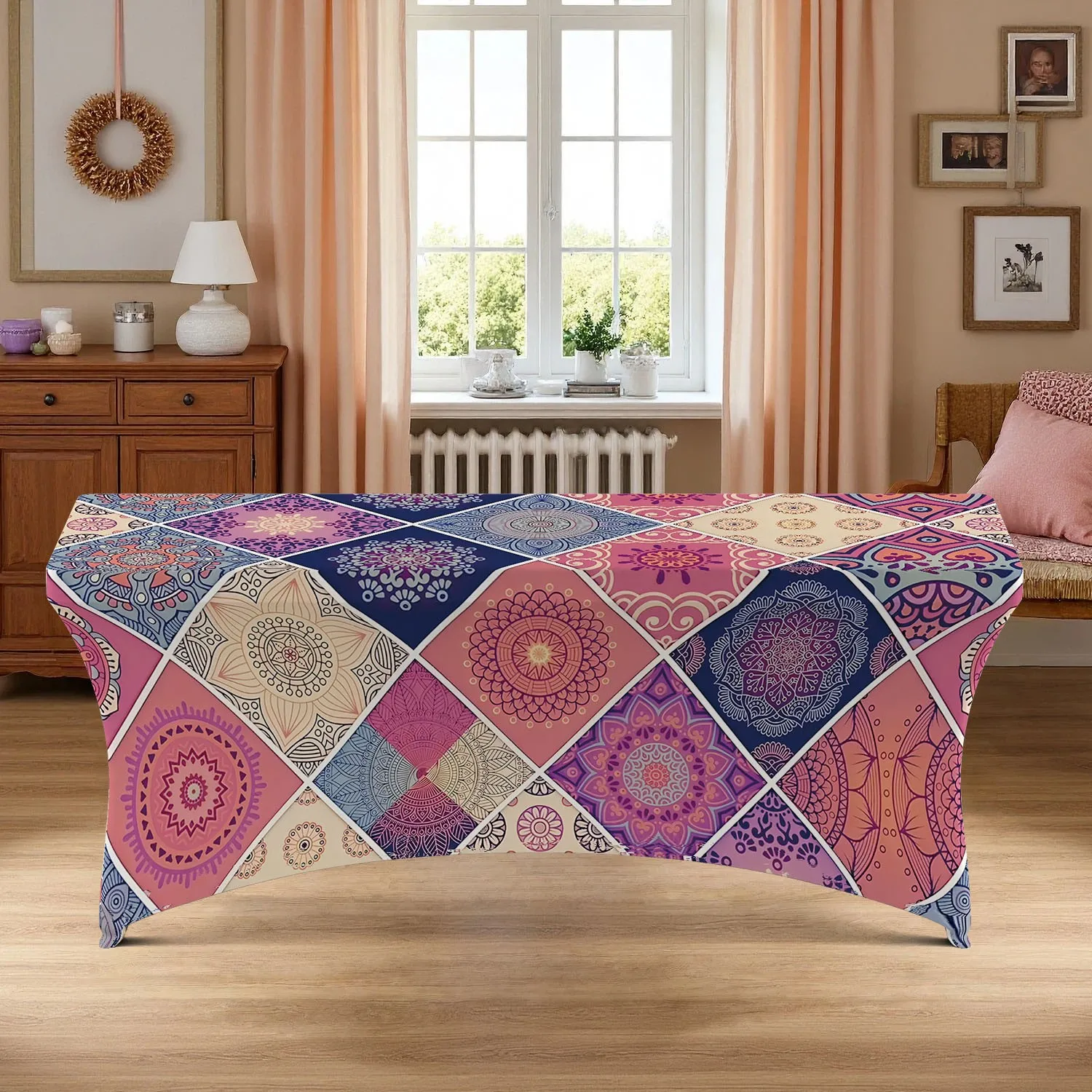 1PC Boho Mandala Patchwork Elastic Tablecloth, 4/6/8FT Summer Outdoor Stretch Table Cover, Machine Washable Re