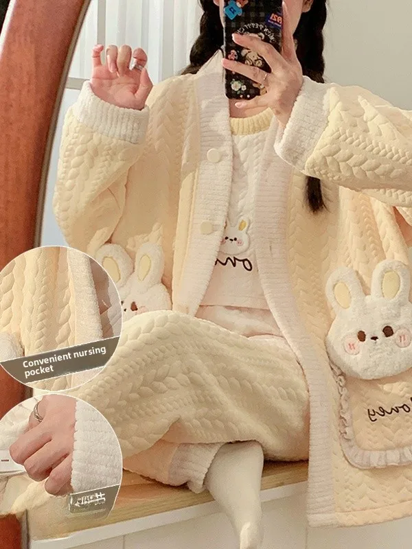 Thickened Air Cotton Maternity Sleepwear Set for Postpartum Women Comfortable Long Sleeve V-Neck Nightgown with Nursing Acces...