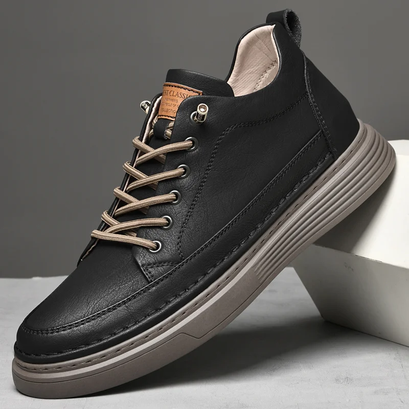 Chaussures en cuir véritable pour hommes, baskets de skateboard, chaussures de sport, chaussures de tennis, ascenseur recommandé, augmentation de 6cm, 2023