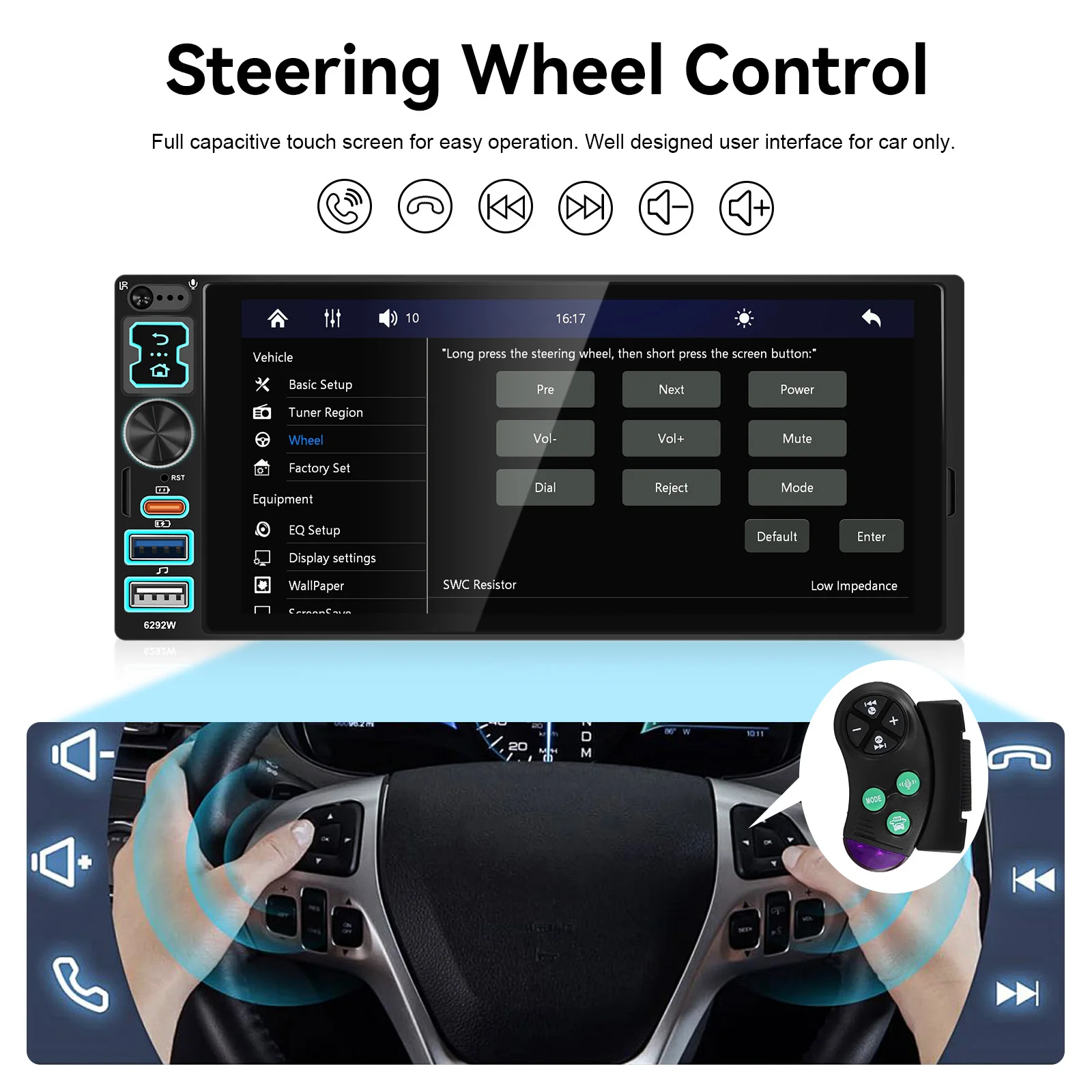 Hikity 1DIN 6.8 "مشغل MP5 للسيارة العالمي يدعم Carplay Auto Type-c كاميرا الرؤية الخلفية راديو السيارة الوسائط المتعددة SWC التحكم عن بعد