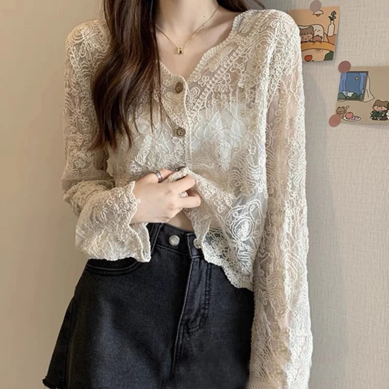 

Gidyq Women Lace Hollow Long Sleeve Shirt Korean Fashion Preppy Style Sweet Blouse Summer Loose All Match Apricot Female Tops