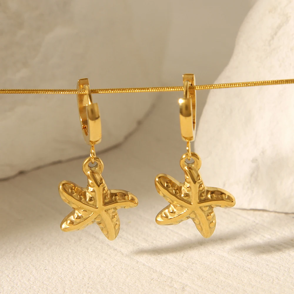 18K Gld-plated Technology, Delicate Metallic Geometric Ocean Series Starfish Stainless Steel Earrings waterproof Fashion Metal