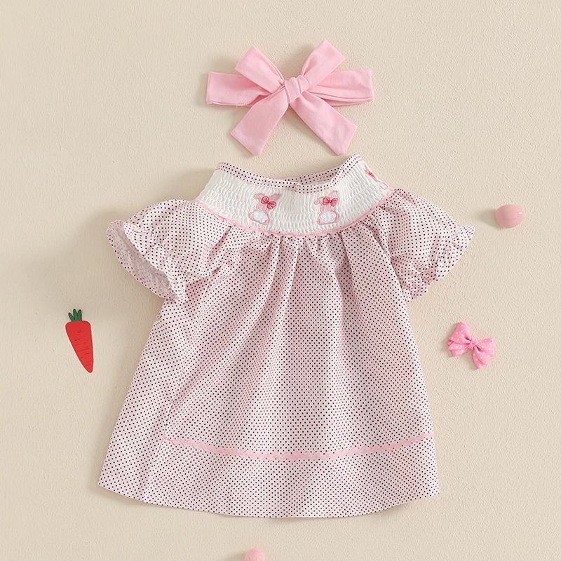 Little Girls Easter Princess Dress Short Sleeve Bunny Embroidery A-line Dresses with Headband