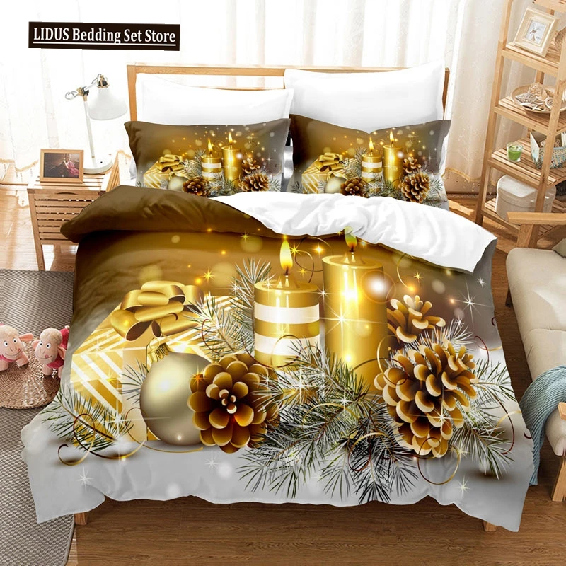 Christmas Duvet Cover Set Candle Pine Cones Gift Festival Celebrated Merry Christmas King Queen For Teens Polyester Bedding Set