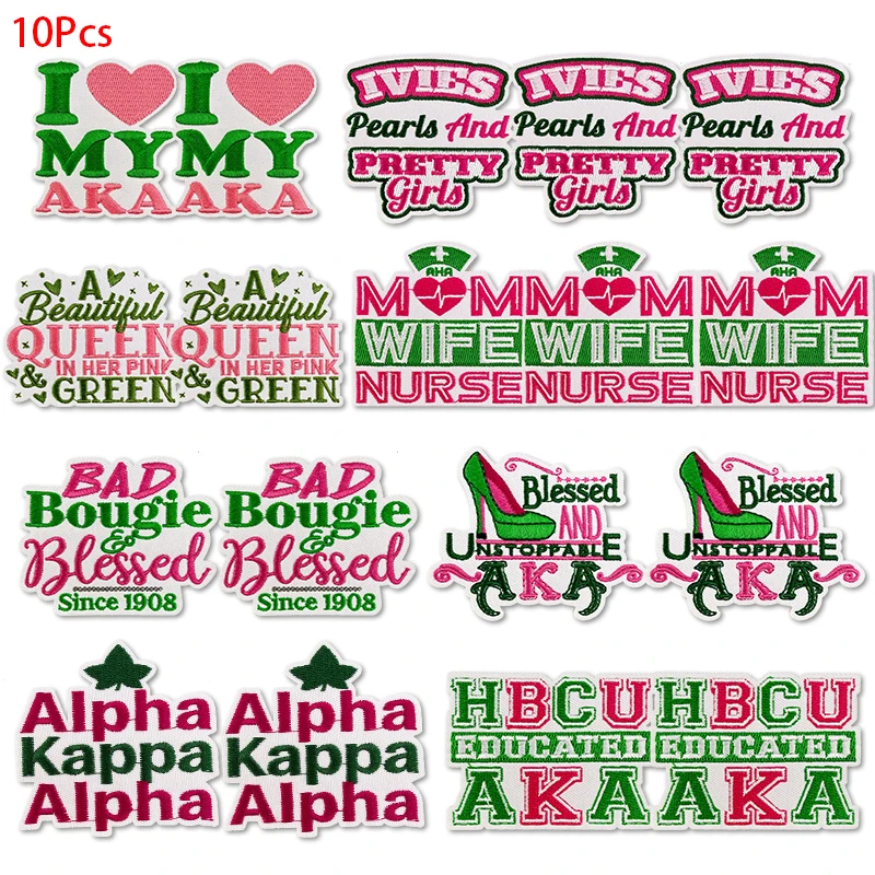 10Pcs AKA Sorority Embroidered Patches Iron On Alpha Kappa Alpha Slogan Applique Patch For Denim Jacket Backpack Clothing Decor