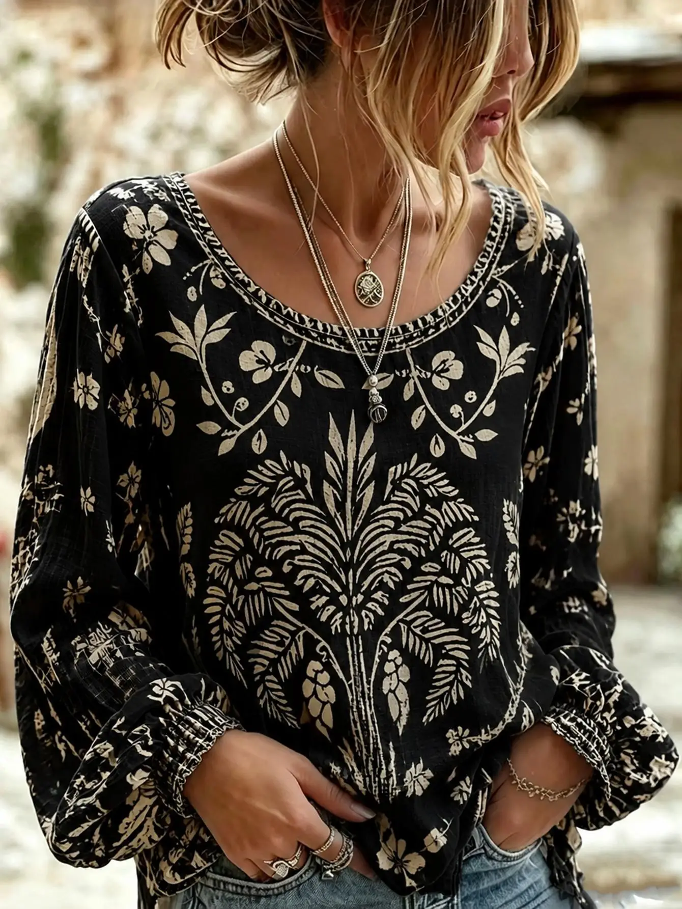 Blusa de talla grande para mujer, estampado floral 3D, manga larga, corte holgado, estilo boho.