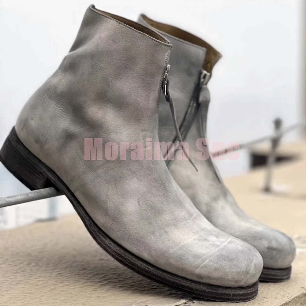 

Retro White Men Dirty Boots Round Toe Upturned Slim Diagonal Zipper Block Chunky Heel Men's Motorcycle Boots 2026 Newest Autumn