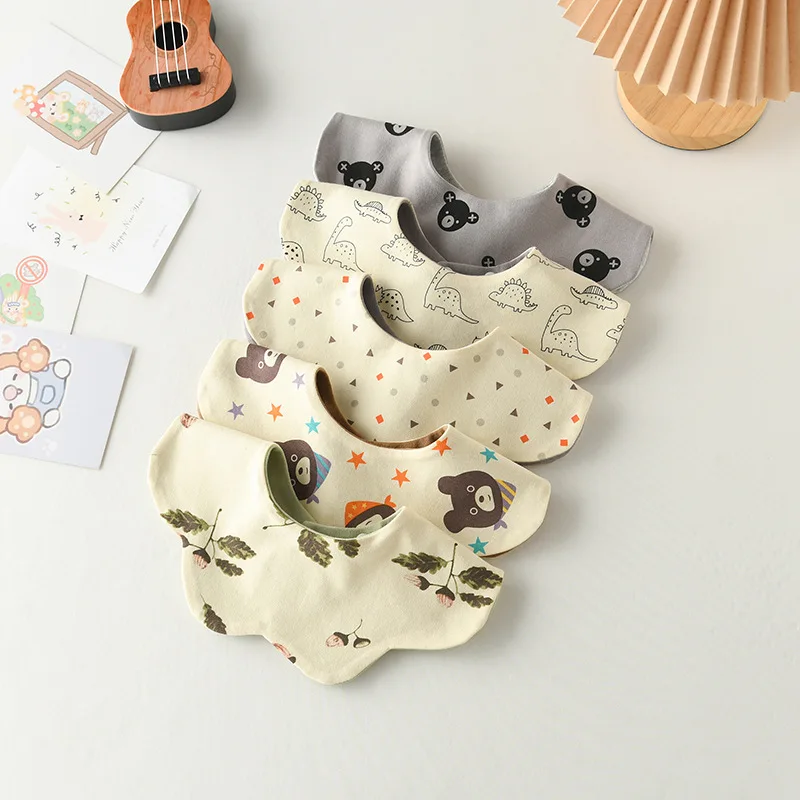 Venta al por mayor de Baberos de alimentación de bebé giratorios 360 de seis capas con estampado de algodón puro, toalla de Saliva para niños pequeños, Baberos infantiles de dos caras