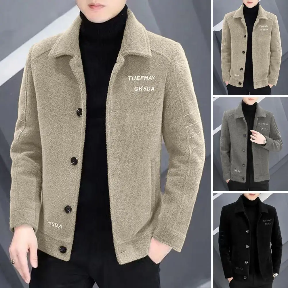 

Men Coat Men Outerwear Men's Embroidered Plush Coat with Lapel Pockets Warm Winter Outwear with Single-breasted for Autumn