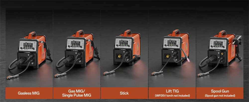 HITBOX MIG-Schweißgerät 220V 200 Ampere 7-in-1 Stick ARC MMA Gaslos/Gas MIG Lift TIG Punktschweißgerät mit Spool Gun, Einzelpuls-Aluminiumschweißgerät, großem LED-Digitalbildschirm und Inverter-Schweißwerkzeug – Detail 10