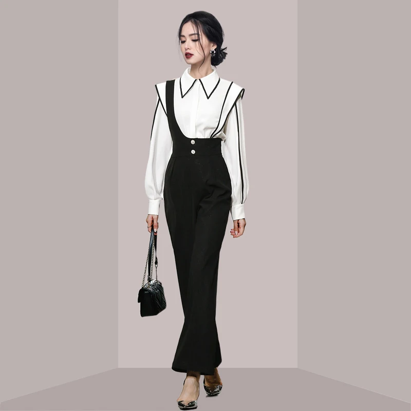 

High Waist Wide Leg Pants Set with Shoulder Straps Long Sleeve White Shirt Fashionable And Youthful Two Piece Suit for Women