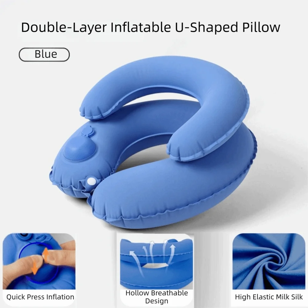 Portable Inflatable Pillow Double Layer Press Type Cervical Support Cushion Soft Flocking Quick Self-Inflation