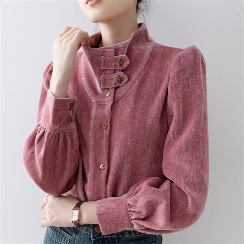 High-quality Fashion Chic High-necked Retro Pink Shirt Women's Spring and Autumn Dress Shirt Coat Single-breasted Women's Dress