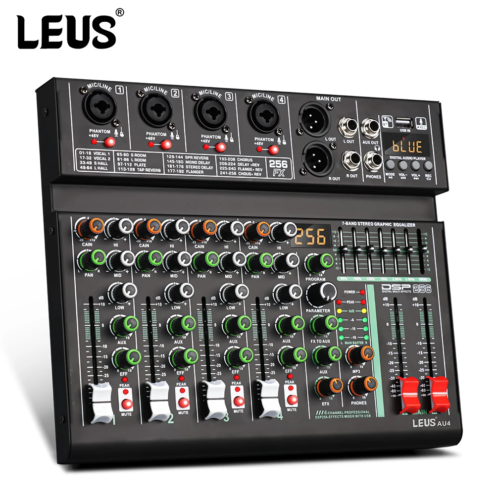 LEUS AU4 Channel 256 DSP Effect Audio Mixer Record PC 48V Phantom Power USB Sound Mixers Bluetooth DJ Console Mixing for Karaok