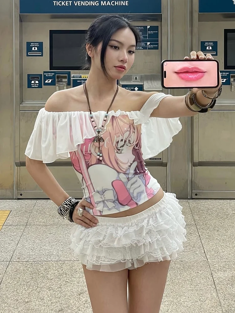 

Whatiwear Fashion Cartoon Print T-Shirts Women Skew Collar Off Shoulder Backless Street Y2K Sweet Style Ruched Elegant Outfits