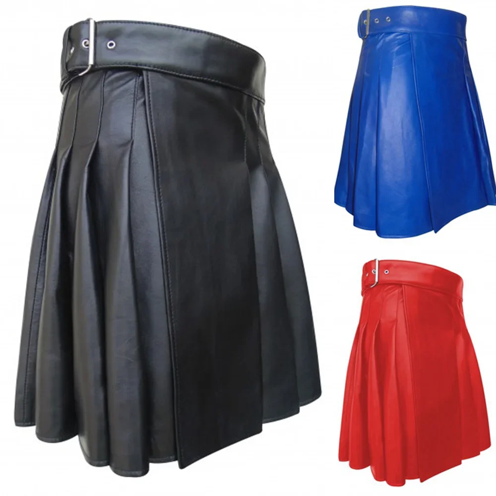 Men Gladiator Scottish Highland Utility Kilt Larp PU Leather Club  Pleated Skirt Fashion Kilt Party Punk Rock Skirts Streetwear