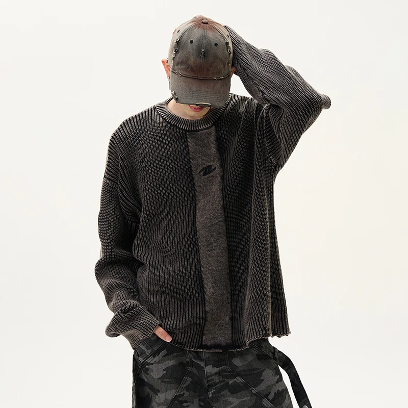 PFNW American Vintage Washed Textured Round Neck Sweater Men's Autumn Streetwear Loose Fitting New Fashion Male Knitwear 28W4856