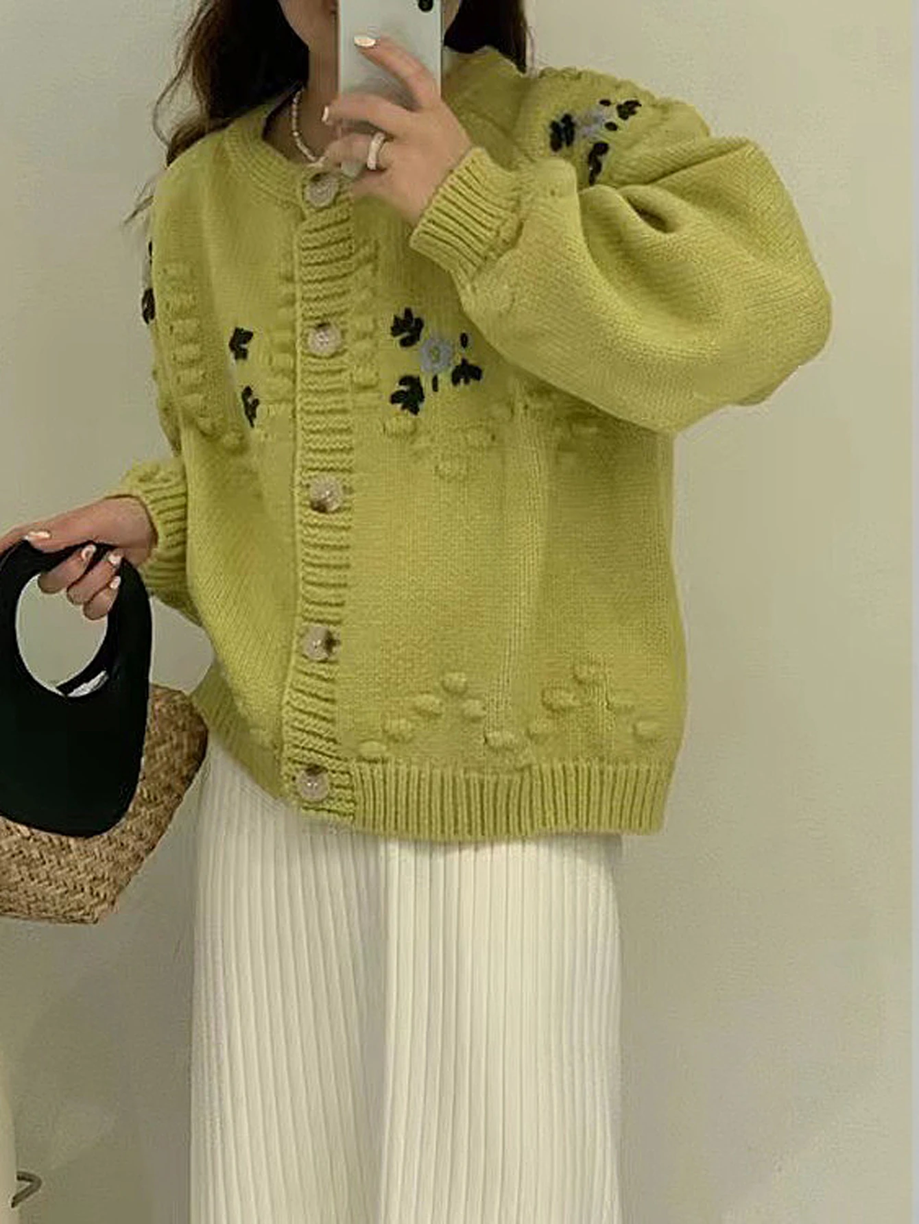 미아 뮤즈 여성용 플로럴 버튼 카디건 긴 소매 라운드 넥 캐주얼 가을 겨울 우아한 일상복