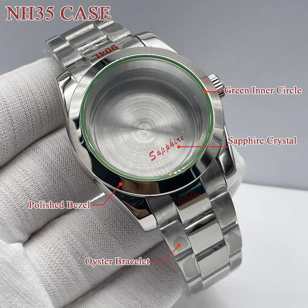 Stainless Steel Automatic Watch Case Kits 40mm Datejust Fit to NH35 NH36 Mechanical Movement Sapphire Crystal Green Inner 5 Bar