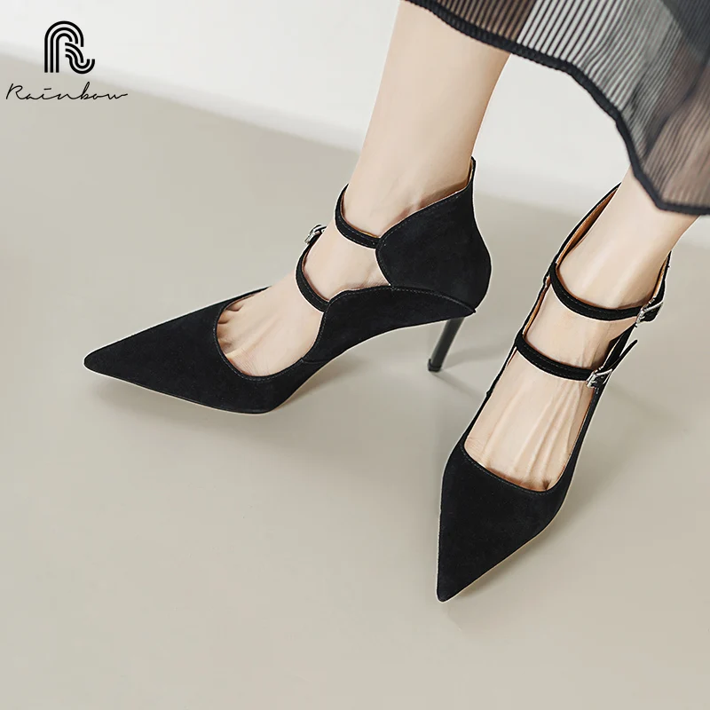 RAINBOW 33-40 NEW Genuine Leather high-end Women's Sexy Black Suede Pointed Toe Straps Cross Stiletto Heel Dress Shoes Wedding