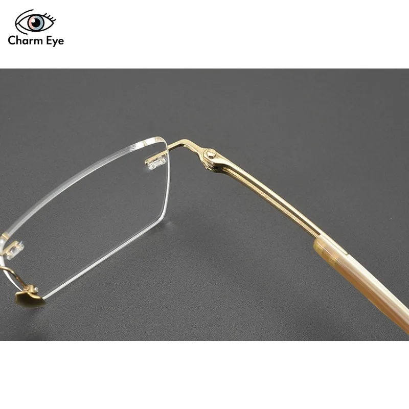 New Square Handmade Pure Titanium Glasses Frame Business Men Frameless Buffalo Horn  Leg Large Size Myopia Prescription Eyeglass