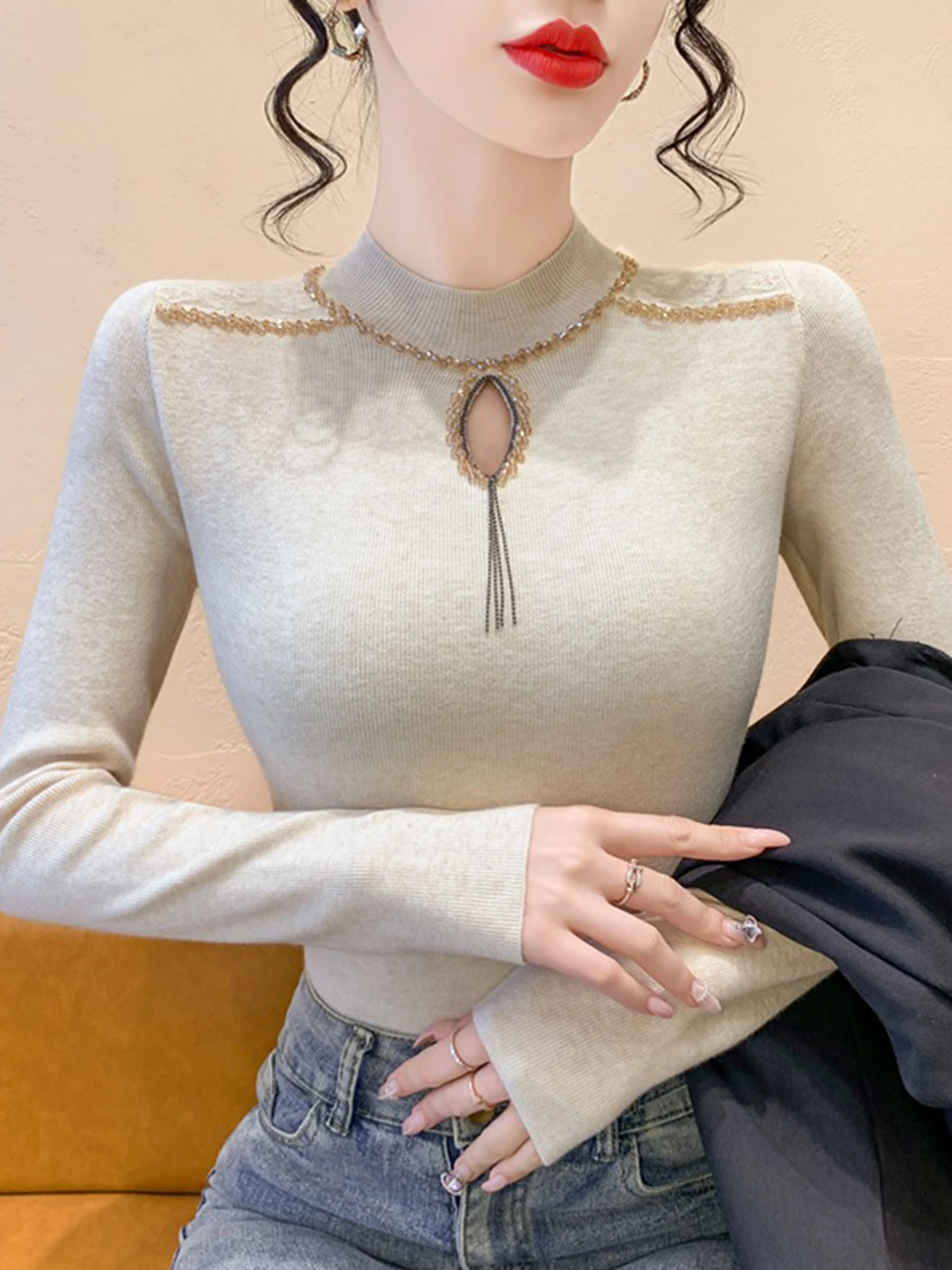 

Ele High-End Hollow out Knitwear Women's Slim Fit f High Collar Sweater Autumn Winter Commute Sle Faionable Base S...